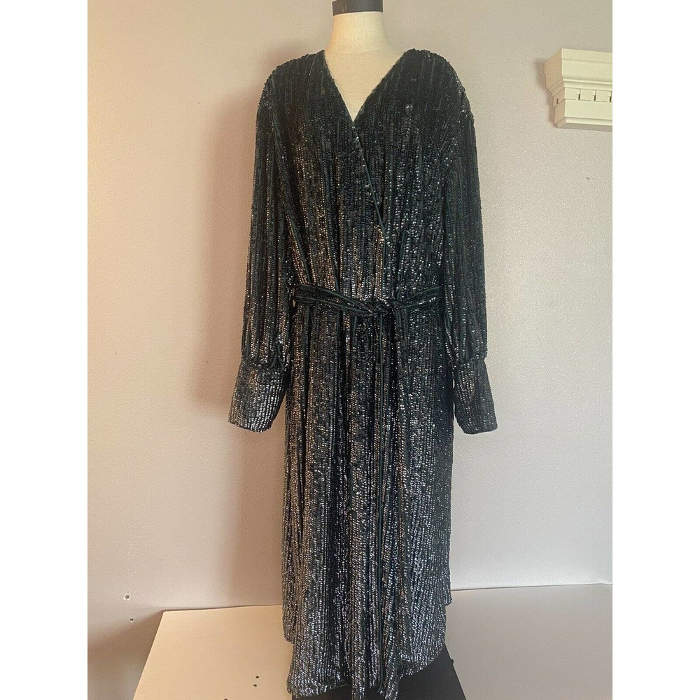 Asos Edition Sequin Dress Long Sleeve Snap Front Teal Size 18. NWT. AC